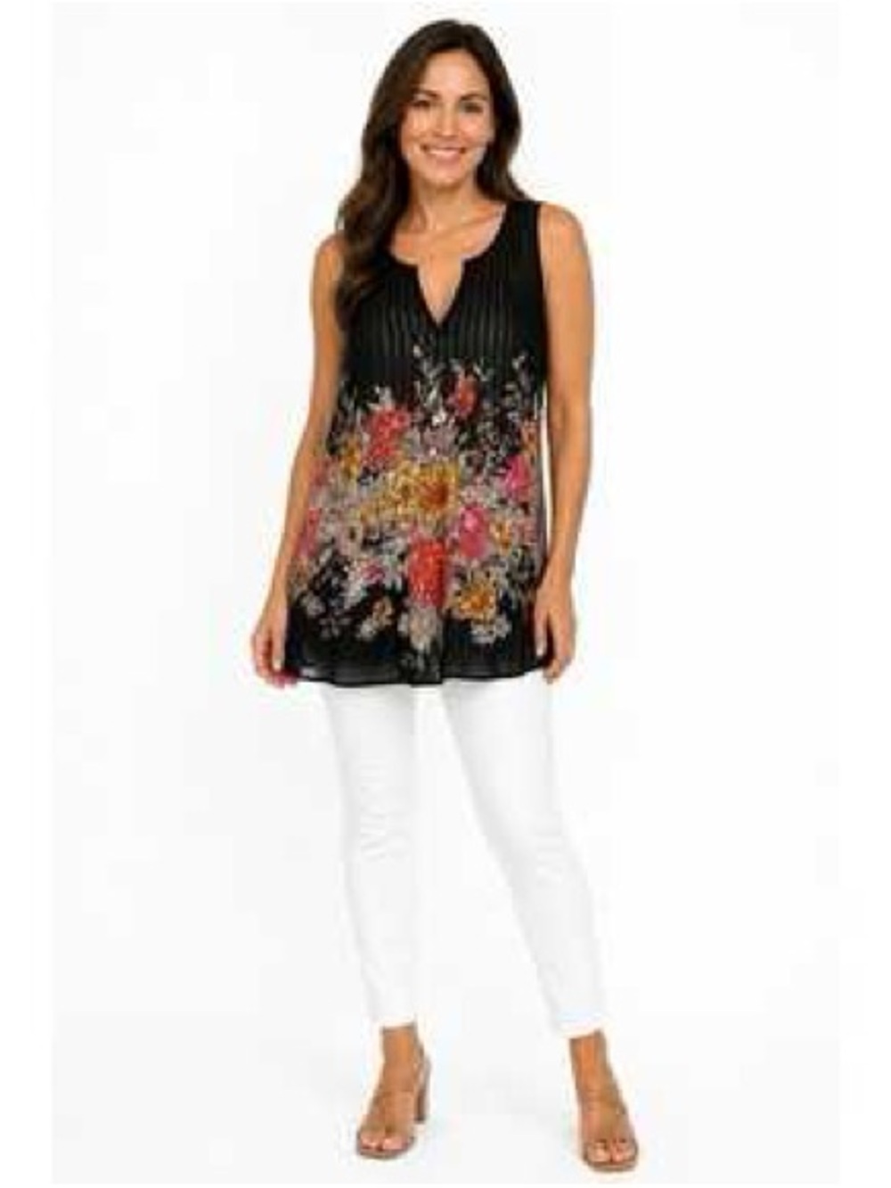 Black Floral V-Neck Sleeveless Tunic Tank Top